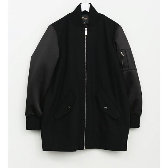 Maje Black Wool Blend & Satin Bomber Jacket - Picture 6 of 7